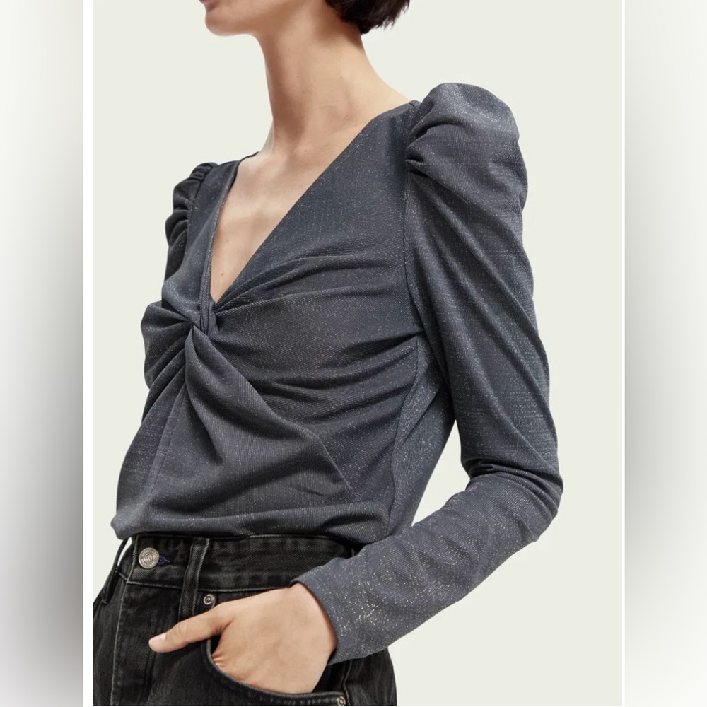 Scotch & Soda Twisted Long-Sleeved V-Neck  Gray Glittery Top Women’s Sz Small